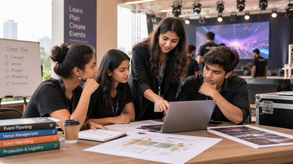 Students learning live event planning at an event management institute in Indore